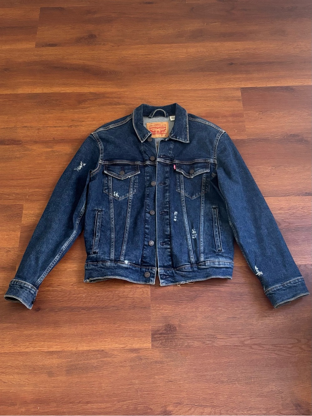 Levi's Dark Blue Distressed Denim Trucker Jacket - S